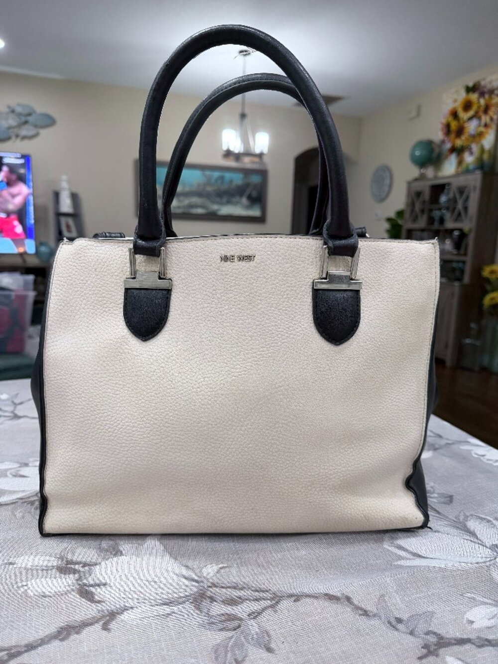 Nine West Ivory Black Pebbled Satchel Handbag Shoulder Bag Crossbody